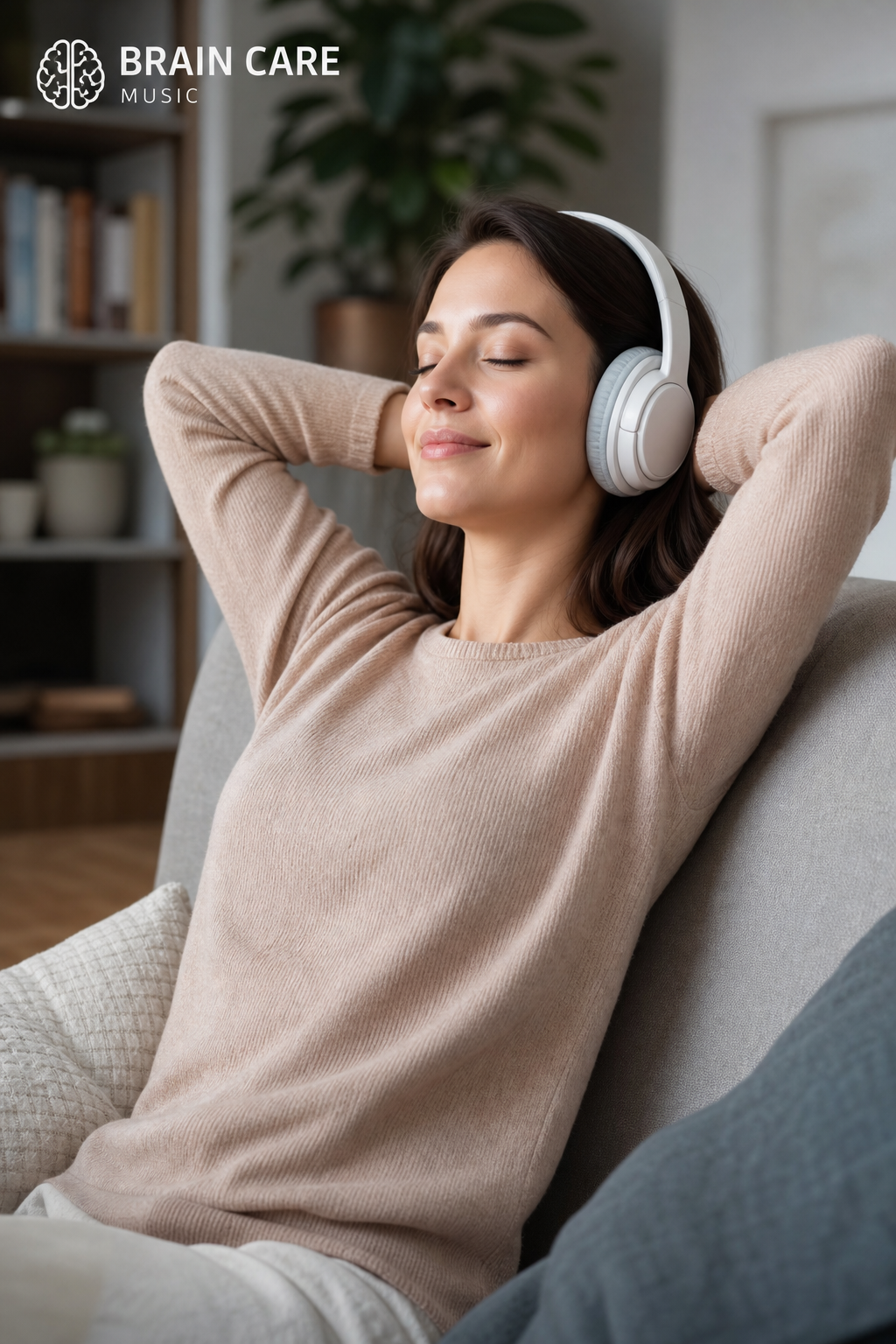 Professional lifestyle photo of a person relaxing with headphones while listening to brain care music at home