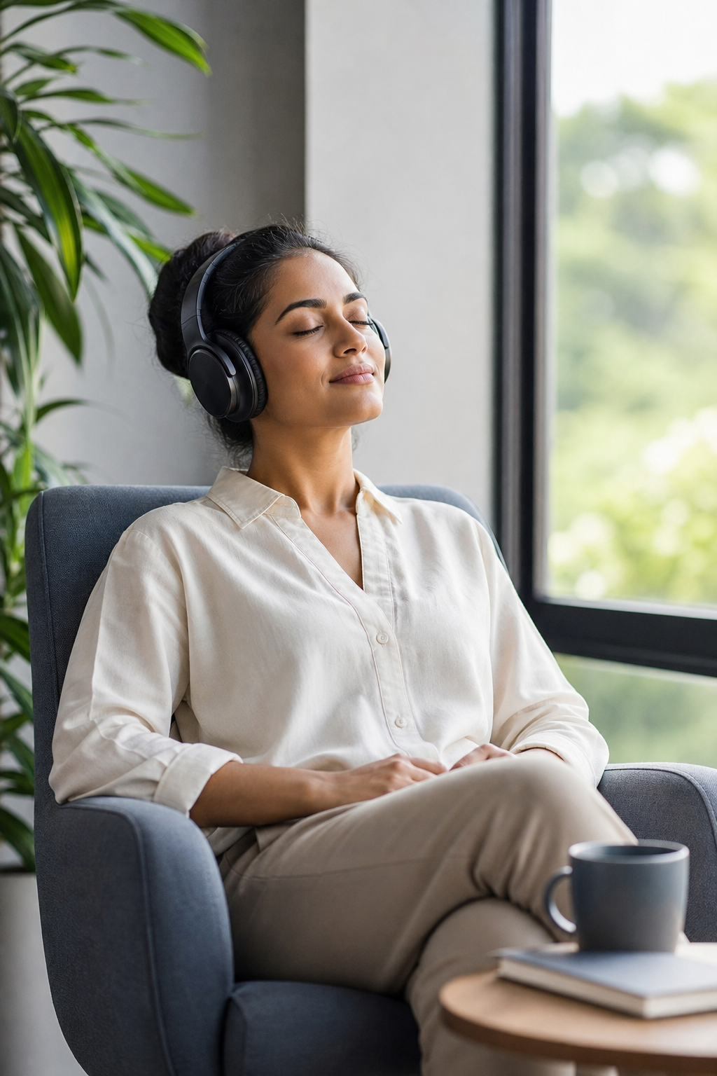 Clean professional image of a person taking a quiet break with headphones for mind rejuvenation audio
