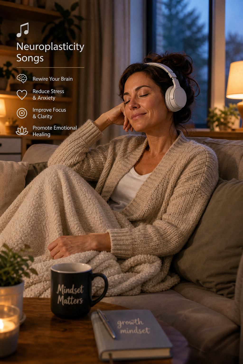 Detailed lifestyle image of an adult using relaxing neuroplasticity songs in a comfortable home setting