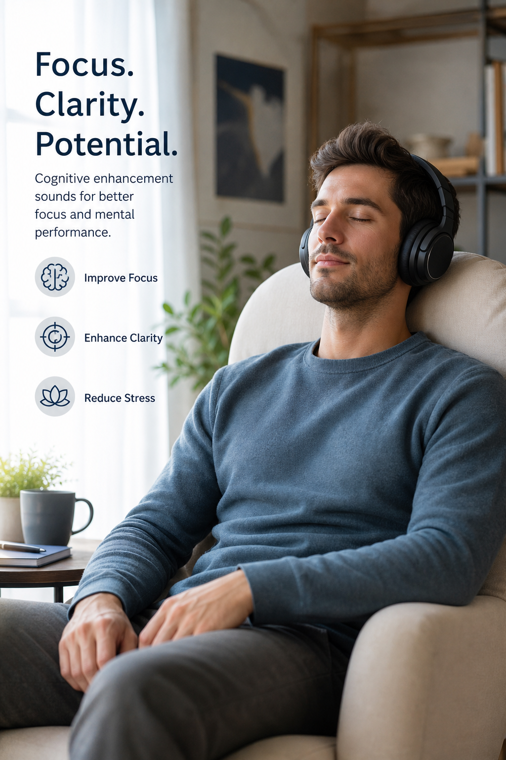 Professional product lifestyle image showing a calm listening session for cognitive enhancement sounds